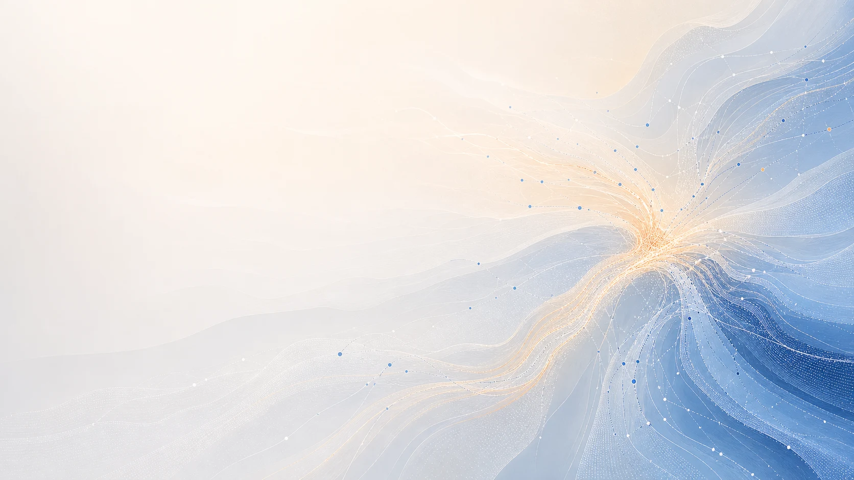 Fine cobalt data threads and signal points converging across a pale market field.