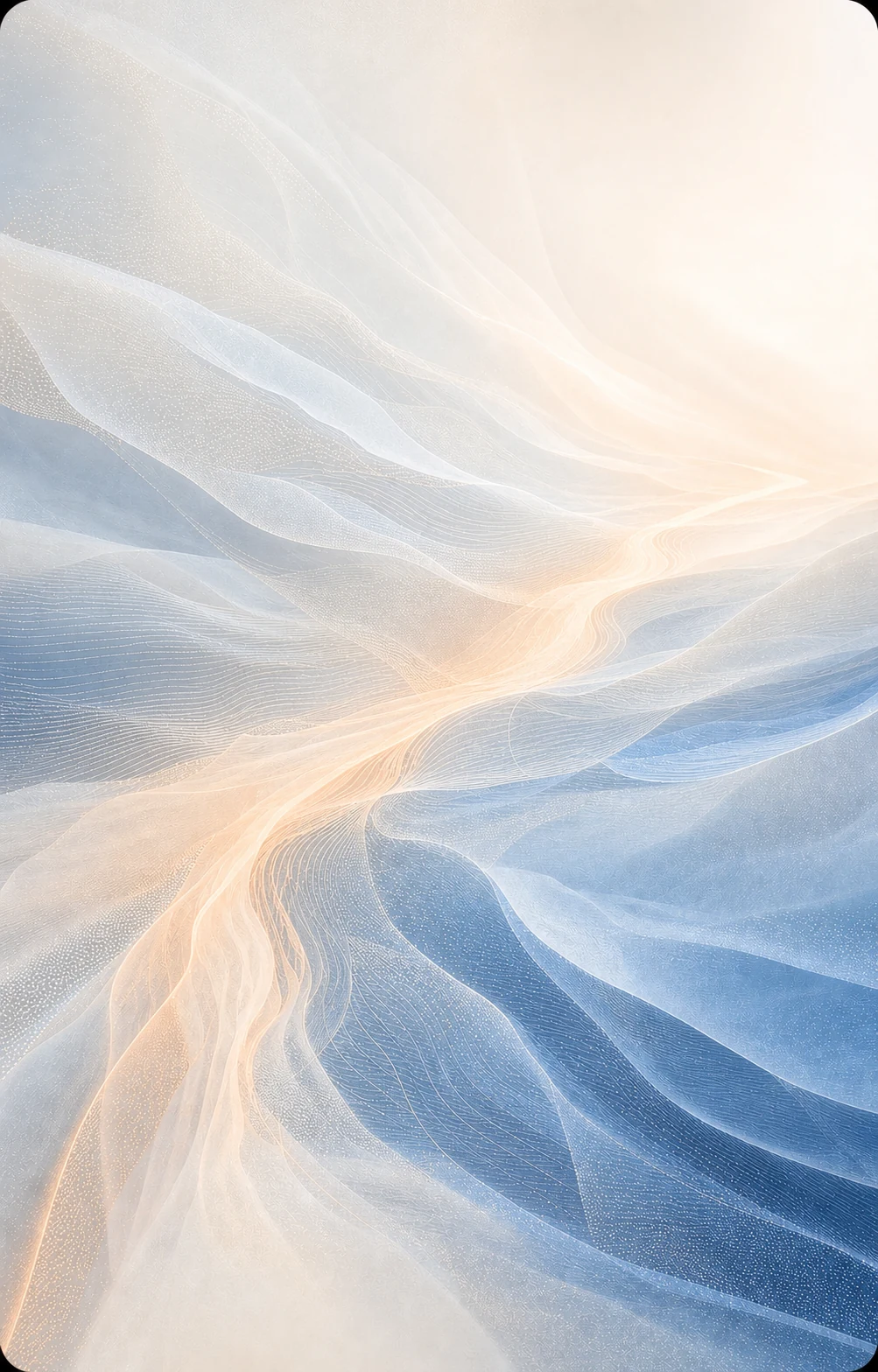 Translucent pale-blue and apricot signal flows converging on an ivory field.